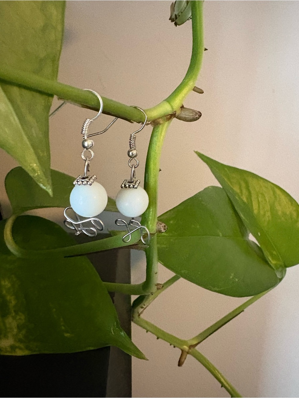 Handmade White Bead Dangle Earrings